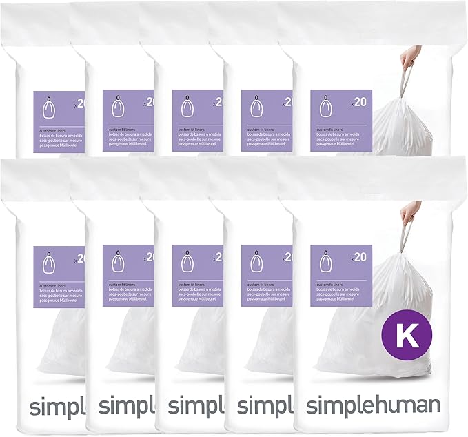 simplehuman Code K 200 Count, Dispenser Pack Custom Fit Liners, Drawstring