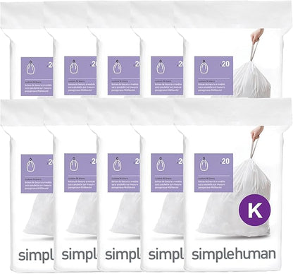 simplehuman Code K 200 Count, Dispenser Pack Custom Fit Liners, Drawstring