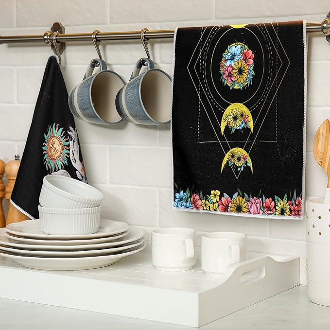 Boyiee Set of 6 Witchy Kitchen Towels Boho Tea Towels Absorbent Mushroom Floral