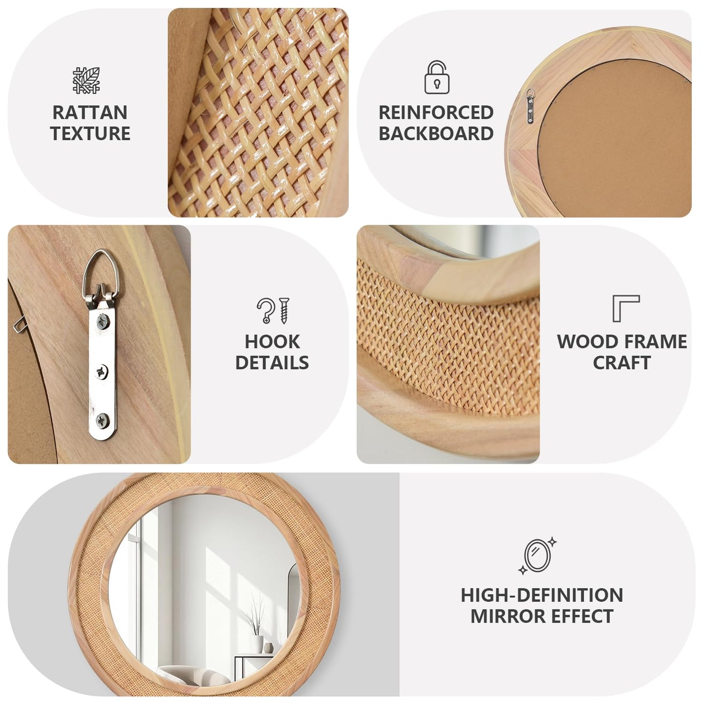 Tunjig 24" Round Rattan Mirror, Circle Wall Mirror, Farmhouse Wooden Vanity Mirror with Handmade Wicker Frame, Decorative Boho Mirror for Nursery Bedroom Living Room Entryway Nature