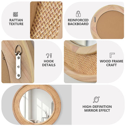 Tunjig 24" Round Rattan Mirror, Circle Wall Mirror, Farmhouse Wooden Vanity Mirror with Handmade Wicker Frame, Decorative Boho Mirror for Nursery Bedroom Living Room Entryway Nature