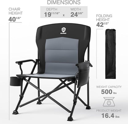 EVER ADVANCED Oversized Folding Camping Chair for Adults, Heavy Duty Lawn Chair with Side Pockets, Portable Collapsible Quad Chair for Outside, Support Up to 500lbs, Black
