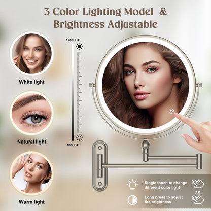 9" Wall Mounted Makeup Lighted Mirror, 4000mAh Rechargeable Double Sided LED Vanity Mirror with Height Adjustable&1X/10X Magnification, 3 Color Lights Touch Screen Dimmable 360°Swivel Bathroom Mirror