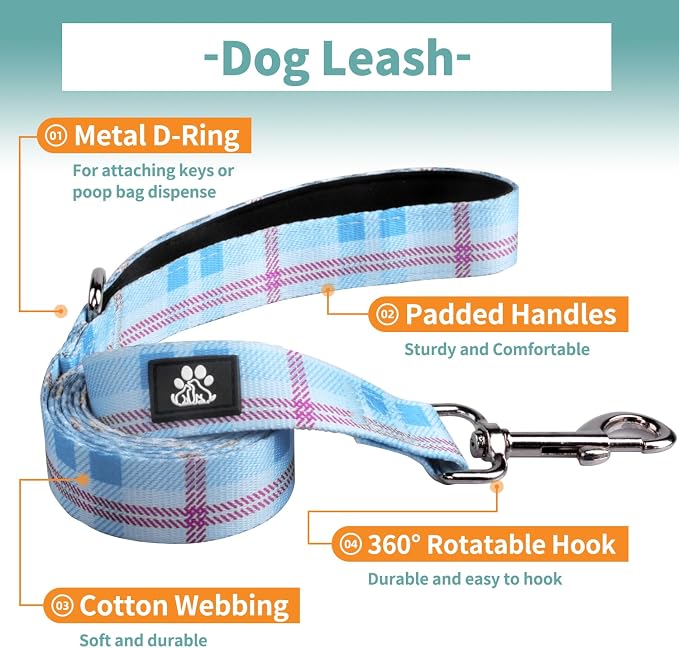 IVY&LANE Dog Collar with Bowtie and Leash Set | Plaid Adjustable Dog Collar | Detachable Bow Tie |5 FT Dog Leash | for Small Medium Large Dogs | Checkered Blue | Medium