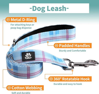 IVY&LANE Dog Collar with Bowtie and Leash Set | Plaid Adjustable Dog Collar | Detachable Bow Tie |5 FT Dog Leash | for Small Medium Large Dogs | Checkered Blue | Medium