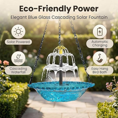 Solar Hanging Bird Bath Fountain, 2026 New 3 Layers Solar Powered Bird Bath Fountain, Outdoor Humming Birds Cascade Baths Fountains, Garden Patio Yard Backyard Lawn Decor (Blue)