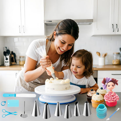 ANSLYQA Cake Decorating Kit, 340 Pcs with Cake Turntable, Leveler, 55 Numbered Icing+Skirt Tips, 2 Spatulas, 3 Scrapers, 2 Couplers, 100 Pastry Bags, 100 Cupcake Liners & More Baking Tools, (Blue)