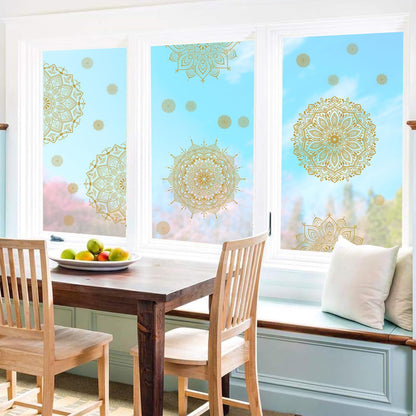 Kazova Gold Mandala Window Clings 22 Pcs 4 Sheets Double Sided Lotus Flower Window Stickers Vinyl Cling Non Adhesive Reusable Window Decals for Glass