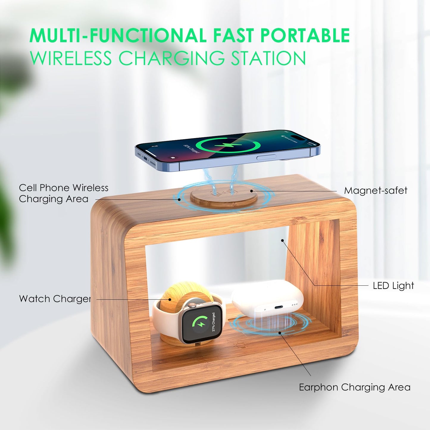 HQOBZX Bamboo Wireless Charging Station: Fast Charger Stand for iPhone 15/14/13/12/11 Pro Max/X/Xs Max/8, AirPods Pro, iWatch Series SE - 3-in-1 Dock