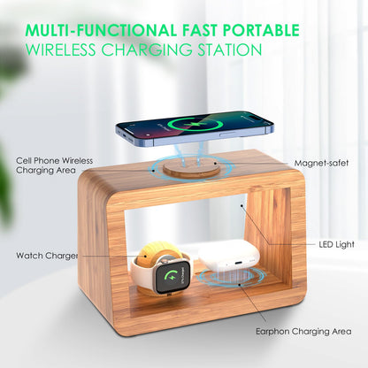 HQOBZX Bamboo Wireless Charging Station: Fast Charger Stand for iPhone 15/14/13/12/11 Pro Max/X/Xs Max/8, AirPods Pro, iWatch Series SE - 3-in-1 Dock