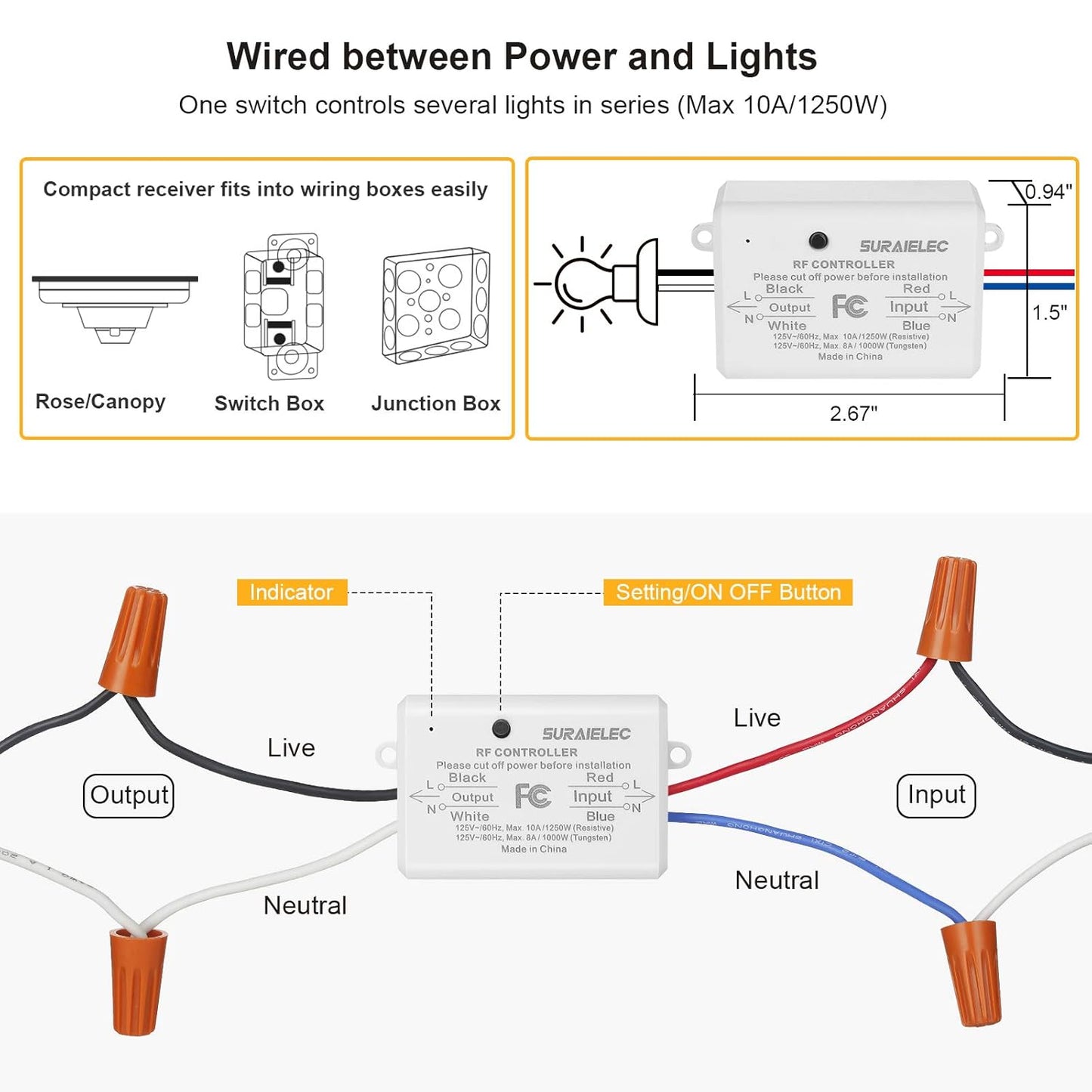 Suraielec Wireless Remote Light Switch, No Wiring, No WiFi, 100ft RF Range, Pre-Programmed, Expandable Wireless Wall Switch and Receiver Kit, Remote Control Light Fixture for Lamp, Ceiling Light, Fan