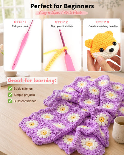 Aeelike Crochet Kit for Beginners Adults, Crochet Kits Include Yarn, 59pcs Crochet Starter Kit for Beginners,Ergonomic Crochet Hooks 2.0-6.0 mm, Lace Steel Needles 0.6-1.9 mm