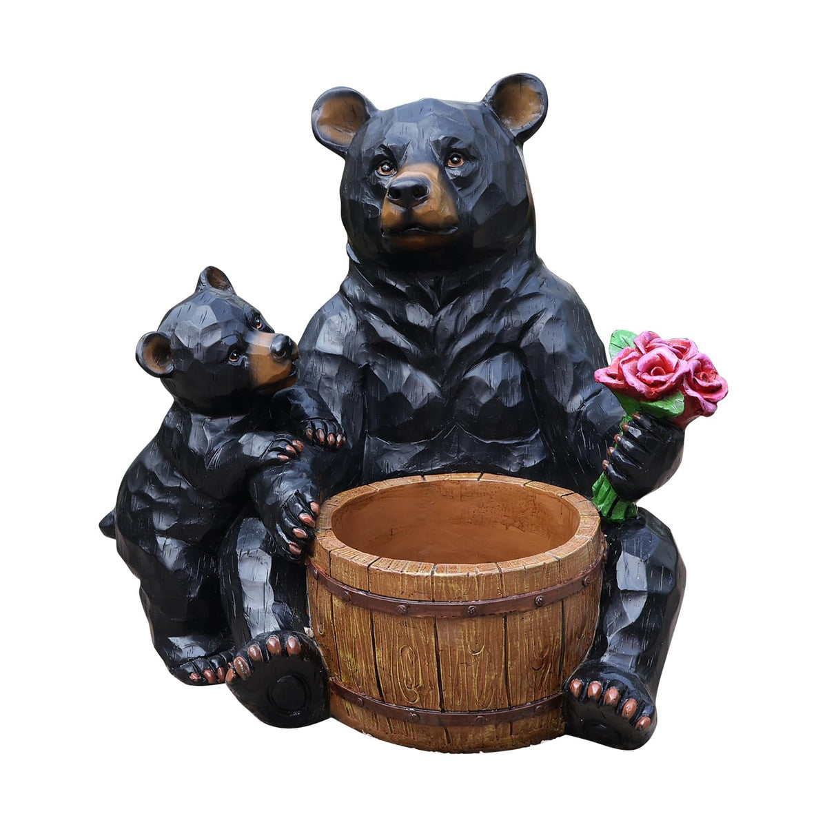 elesculor Black Bear Mother & Cub Garden Statue Planter, Resin Outdoor Flower Pot with Barrel Basket, Decorative Animal Planter for Patio, Yard, Lawn, Cabin Decor