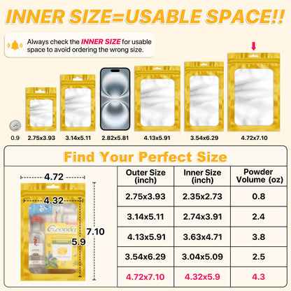 100 PCS Resealable Mylar Bags with Frosted Clear Window Smell Proof Packaging Bags Foil Pouch Zip Bag for Food Self Sealing Storage Supplies Treat Bag (Golden, 4.72x7.1)