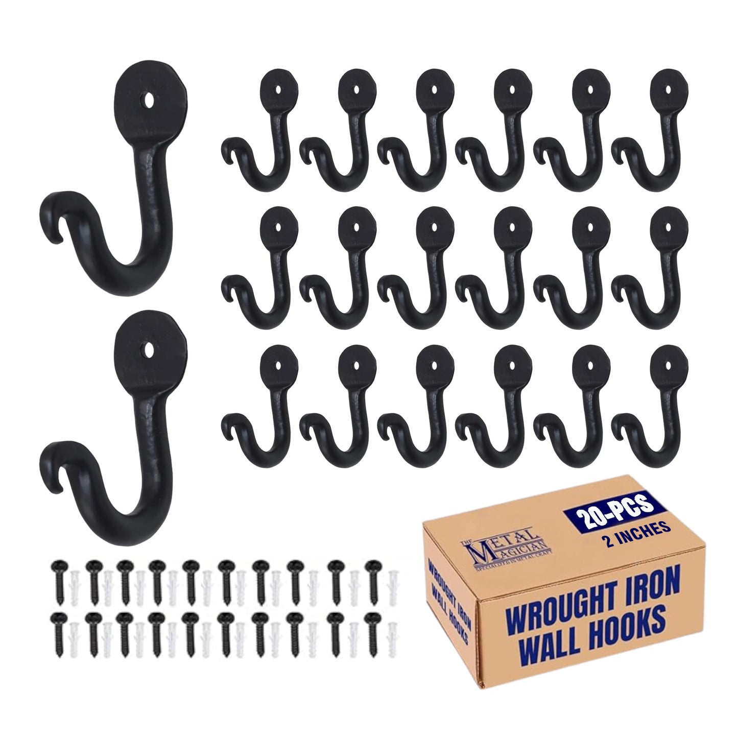 The Metal Magician Pack of 20 Large Penny Single Robe Hook 2 Inch Iron Blacksmith Key Holder Towel, Handbags, Hat Hanging Perfect for Bathroom, Kitchen, Living Room