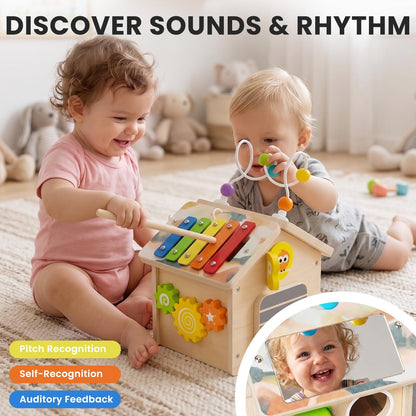 9-in-1 Wooden Activity Cube, Montessori Baby Activity Center Toys for 1+ Year Old Boys & Girls, Farm Theme Baby Cube with Car Toys & Shape Sorter, Educational Toy for Toddlers, Ideal Baby Gifts