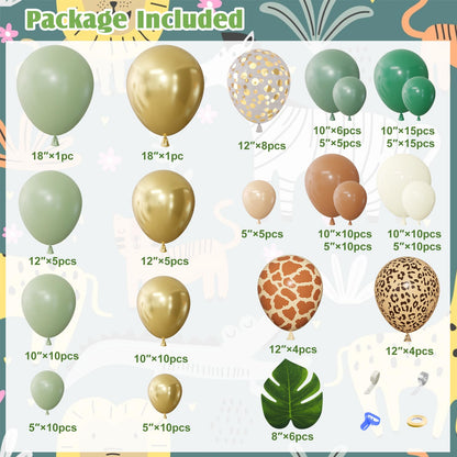 170Pcs Jungle Safari Balloons Arch Garland Kit, Sage Green Brown Animal Print Balloons Palm Leaves Wild One Safari Baby Shower Decorations for Boys Tropical Woodland Birthday Party Supplies