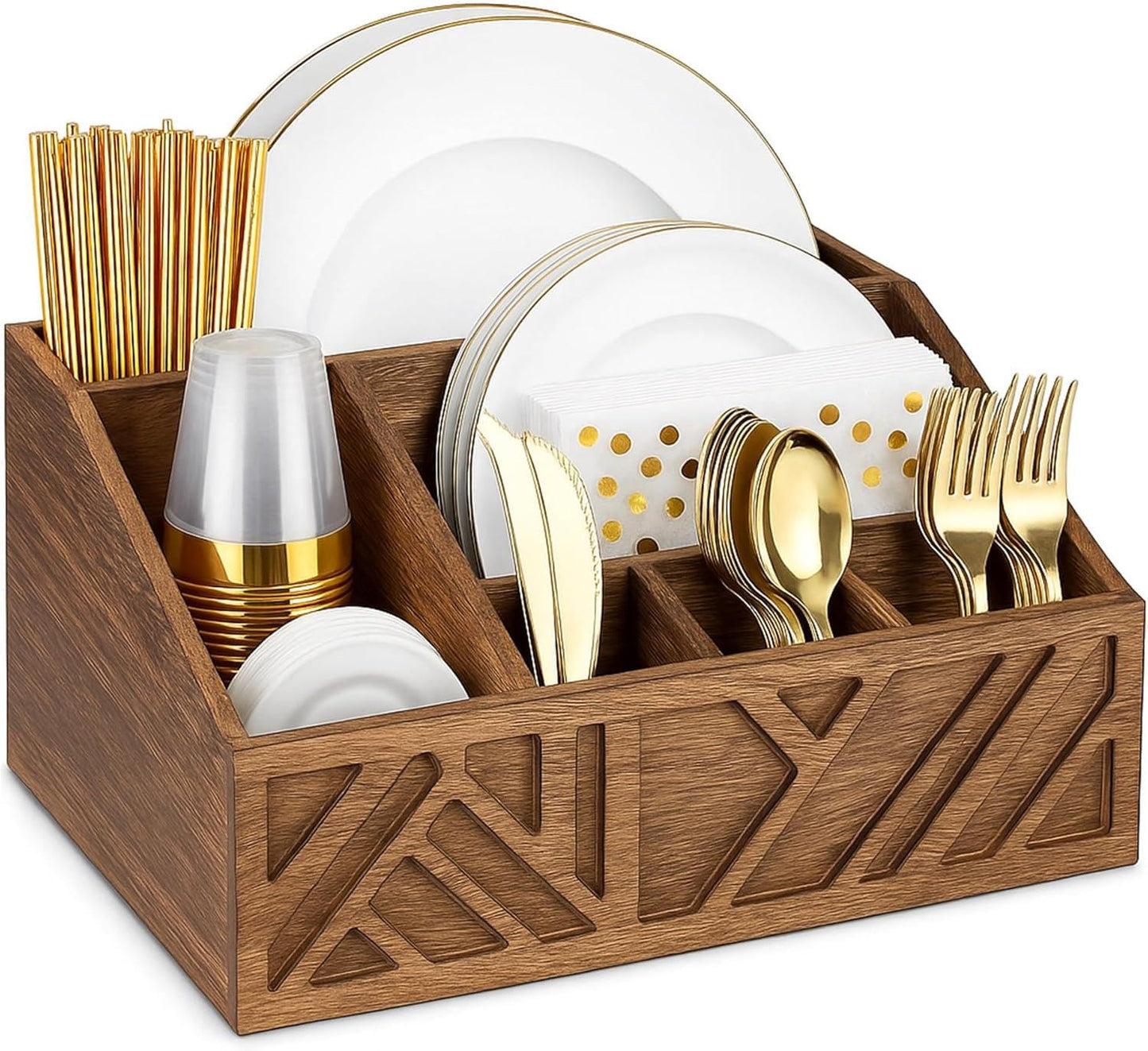 Mystery Magic Wooden Paper Plate & Cutlery Organizer Kitchen Countertop Hold Plates, Cups, Napkins, Forks & Spoons Farmhouse Rustic Tableware Organizer