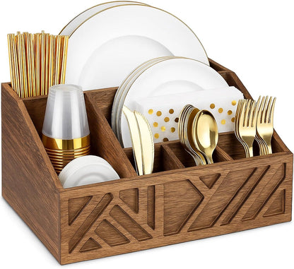 Mystery Magic Wooden Paper Plate & Cutlery Organizer Kitchen Countertop Hold Plates, Cups, Napkins, Forks & Spoons Farmhouse Rustic Tableware Organizer