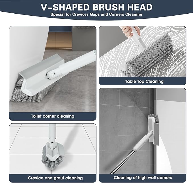 Floor Scrub Brush with Long Handle, 2 in 1 V-Shape Grout Brush with Squeegee +