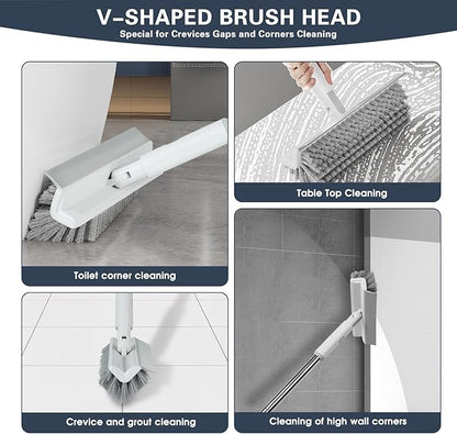 Floor Scrub Brush with Long Handle, 2 in 1 V-Shape Grout Brush with Squeegee +
