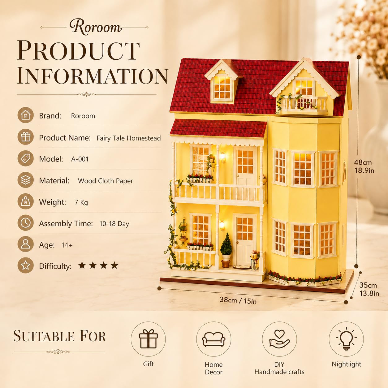 Roroom DIY Miniature House Kit, Fairy Tale Homestead Dollhouse Kit