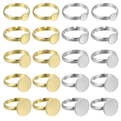MECCANIXITY 20Pcs Metal Ring Base Blank, 6/8/20/12/14mm Adjustable Pad Cabochon Ring Blank Base Flat Bezel Tray for Jewelry Making Finding DIY Craft, Silver/Gold