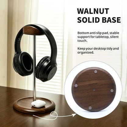 Oxmidud Headset Stand for Desk, Walnut Wood ＆ Stainless Steel Universal Wooden Headphone Holder with Storage Base, Gaming Equipment Accessories, Desk Organizer, Gifts for Gamers Men Boyfriend