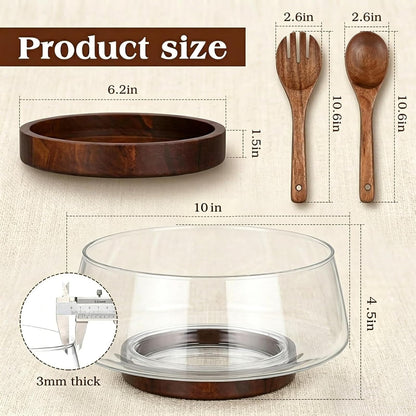 TITINICE 121oz Large Glass Salad Bowl Set with Acacia Wood Base, 3.8QT Clear Serving Bowl with Wooden Spoons, 3600ml Decorative Mixing Bowl for Fruit, Pasta, Party and Thanksgiving (Classic Smooth)
