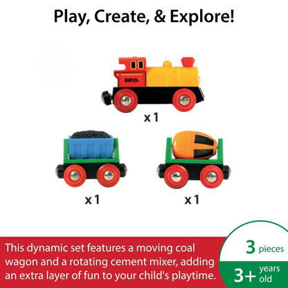 BRIO World Battery Operated Action Train - Motorized for Wooden Tracks - Kids Electric Set - Includes Moving Coal Wagon & Rotating Cement Mixer - Compatible with All Railway Sets - Kids Ages 3 & Up