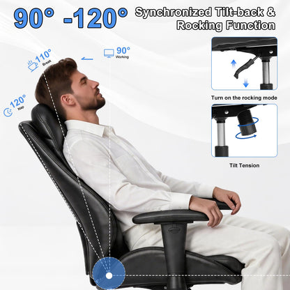 BEWISHOME Office Chair with Rubber Wheels, Big and Tall Office Chair, Ergonomic Office Chairs, Executive Desk Chair, Black PU Leather Computer Comfy Chairs with Lumbar Support, Adjustable Armrests