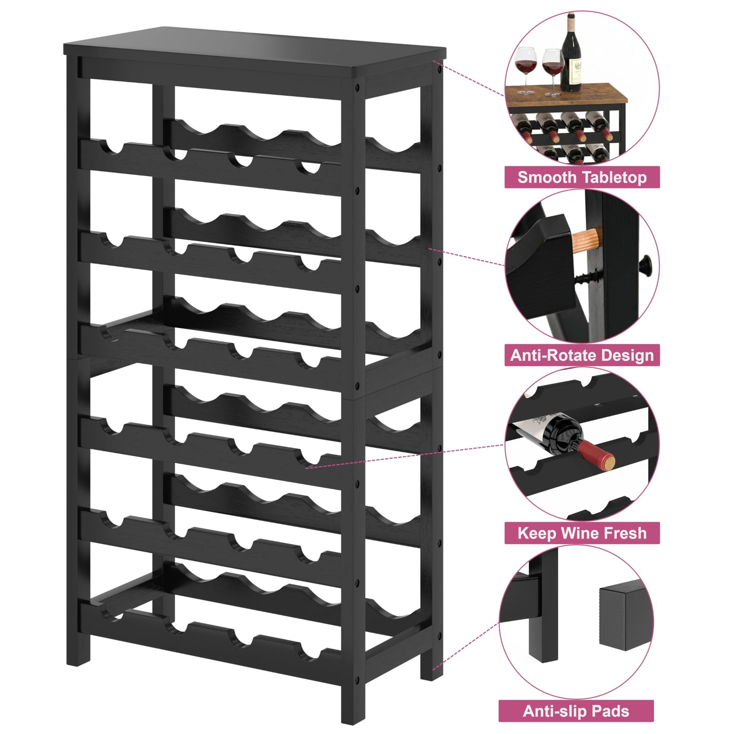 MOGELAFOO 6 Tier Bamboo Wine Rack Freestanding Floor, 24 Bottles Wine Storage Shelves with Table Top, Stackable Wine Display Rack for Kitchen, Bar, Dining Room, Black