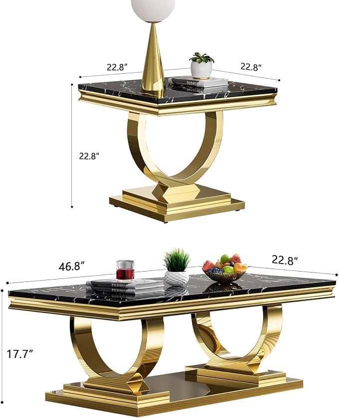 3 Piece Living Room Table Set Include 1 Faux Marble Coffee Table & 2 End Tables, Modern Black Gold Coffee Table Set of 3 with Double O Shape Stainless Steel Pedestal Base