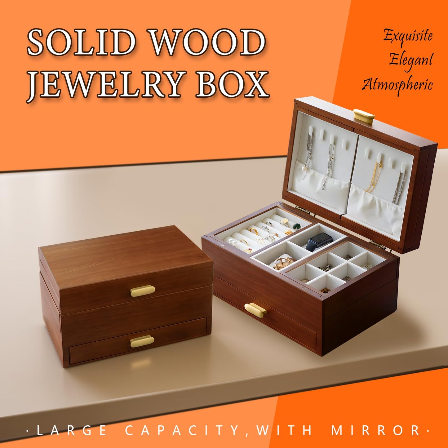 FMYSUSUXY Jewelry Box Solid Wood Jewelry Box Jewelry Ring Necklace Watches Earrings And Other Multi-style Storage Organizer Girl Wife Mother Gifts