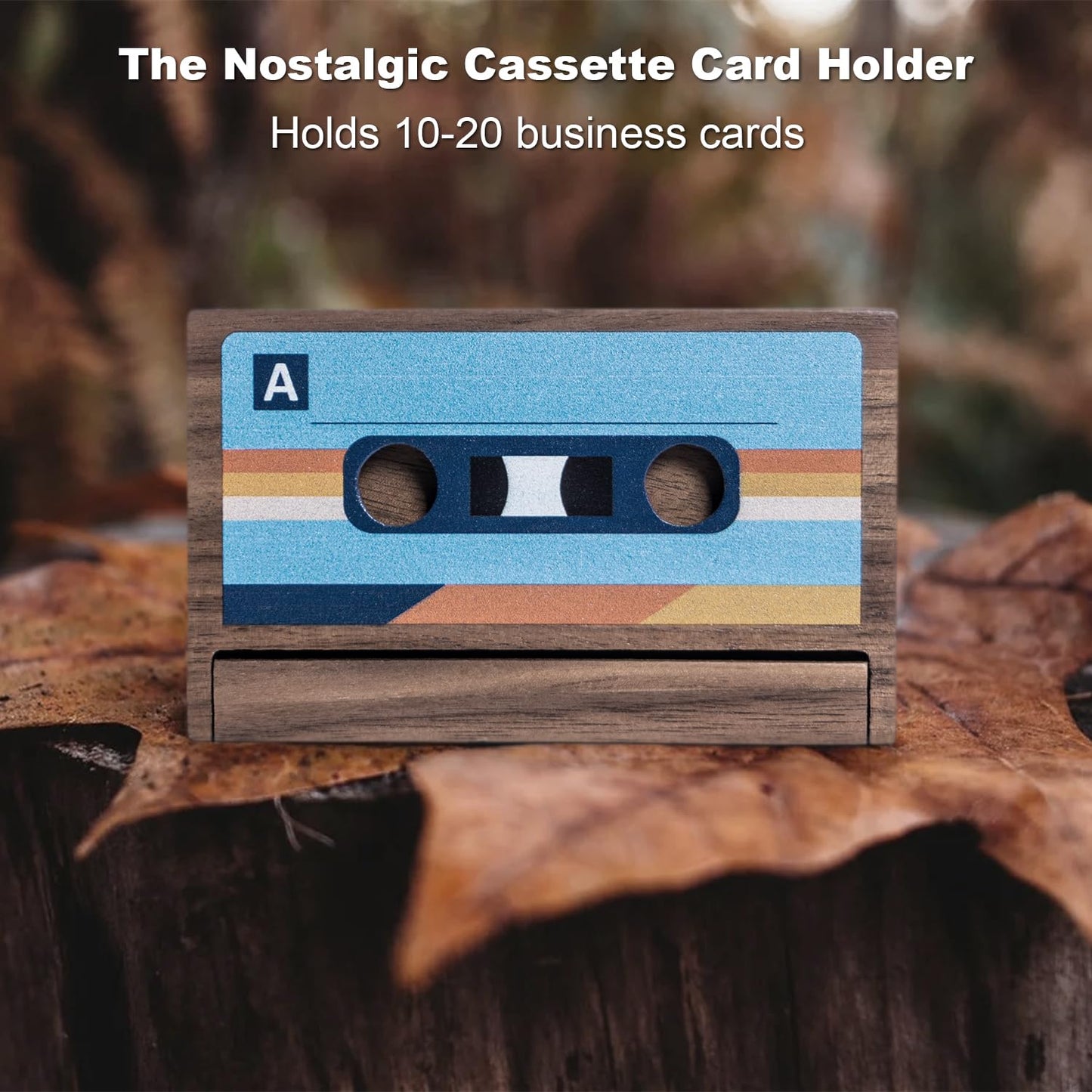 Wood Business Card Holder Case Cassette Shaped, Solid Walnut Wood Credit Card Holder Desk Wallet Personalized Nostalgia Unique Birthday Anniversary Christmas Gift for Husband Dad Friends Family Men