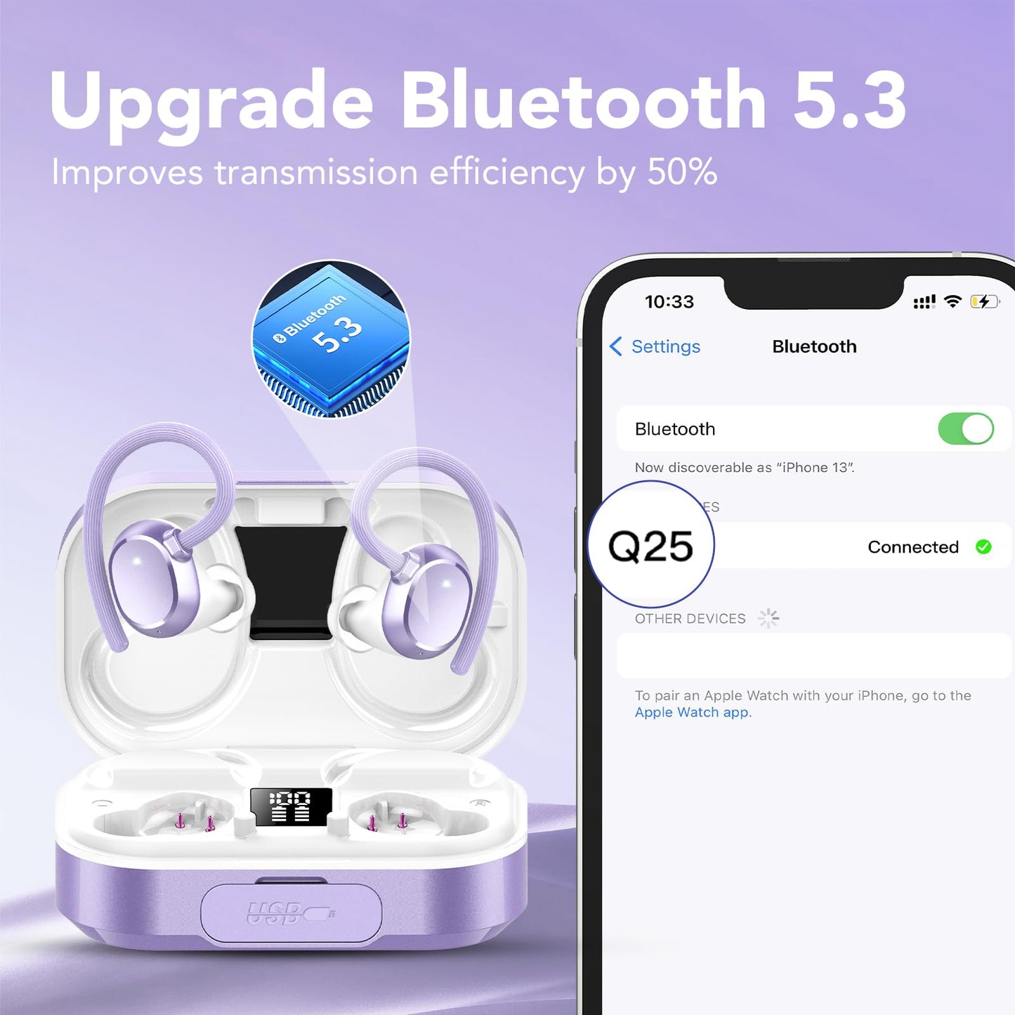 KT1 Wireless Earbuds V5.3 Bluetooth Earbuds 120Hrs Playtime, 4.7g Mini Size Painless Wear, IPX7 Waterproof, Deep Bass 2.0, Over-Ear Ear Buds Wireless Bluetooth Headphones for Sport Running(Purple)