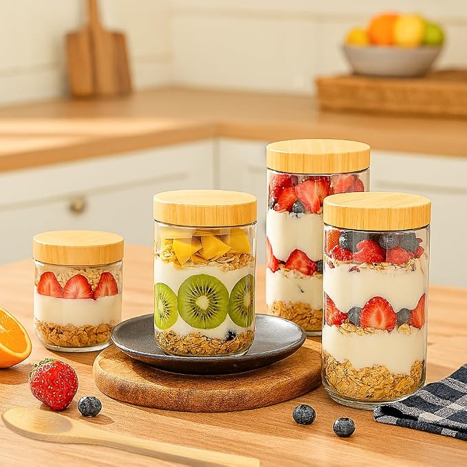 TBWIND 12 Pack 16oz Glass Jars with Bamboo Lids, Spoons, Airtight Overnight Oats Containers, Salad& Yogurt Storage, Mason Jars for Snacks, Spices, Meal Prep – Reusable