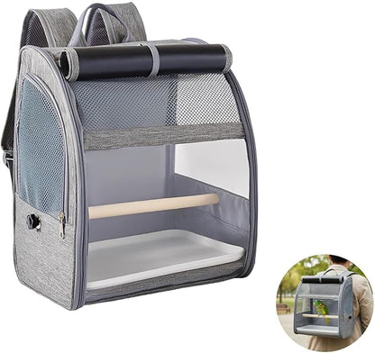 Parrot Backpack Travel Cage; 12.2 X 9.6 X 15 in Breathable Bird Carrier; Gray Backpack with Mesh Window; Removable Perch and Tray