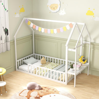 Giantex Twin House Floor Bed, Solid Wood Montessori Bed with Detachable Storage Shelf, Clothes Hanger & Guardrails, Twin Beds for Kids Teens, Girls & Boys