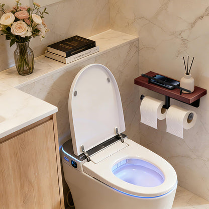 Toilet Paper Holder with Wood Shelf, Wall Mount Toilet Paper Roll Holder with Wooden Shelf and Matte Black Stainless Steel Pipe, Tissue Roll Holder for Bathroom Washroom (Dark Brown, 13.8'' x 5.9'')