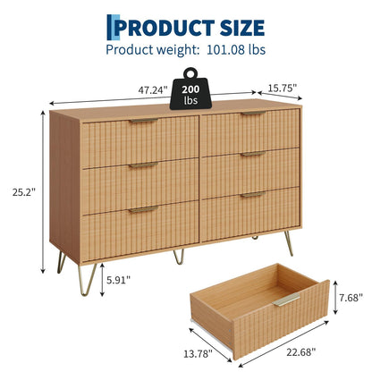 GarveeHome Fluted Dresser for Bedroom with 6 Drawers,47" Wide Modern Chest of Wooden Bedroom Chest with Metal Handle,Clothes Storage Organizer,Dresser & TV Stand for Living Room,Hallway