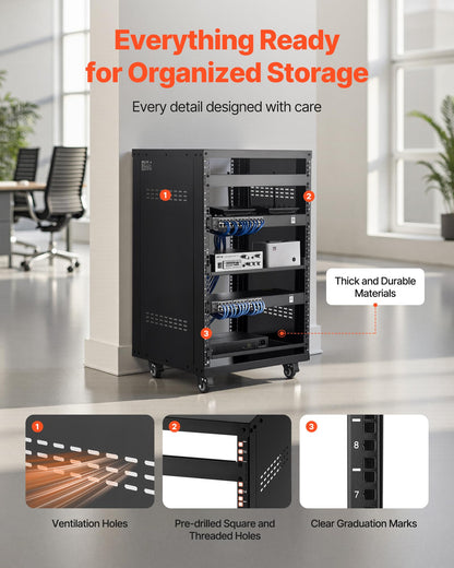 VEVOR 16U AV Rack, Recording Studio Rack Cabinet, Open Frame Server Rack with Locking Caster Wheels, Removable Side Panels & Vent Design for 19" Network, Audio, Video, IT & Network Equipment Mounting