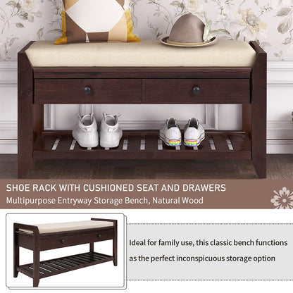Tzou Storage Bench,39''Storage Living Room Foot Rest with Cushion Seating and Storage Drawers,Multipurpose Wooden Shoe Bench with Bottom Shelf for ntryway Hallway Living Room Bedroom Espresso