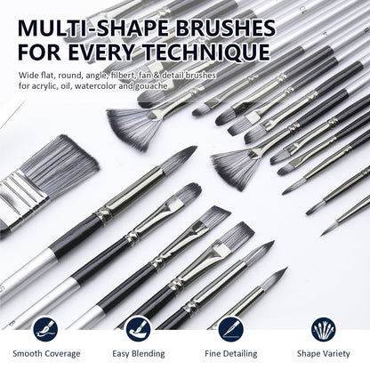 JYN-ANREN 24Pcs Multi-Shape Paint Brushes Set for Acrylic, Oil, Watercolor & Gouache with Palette Knife and Waterproof Canvas Roll, Synthetic Bristles Art Supplies for Artists & Beginners