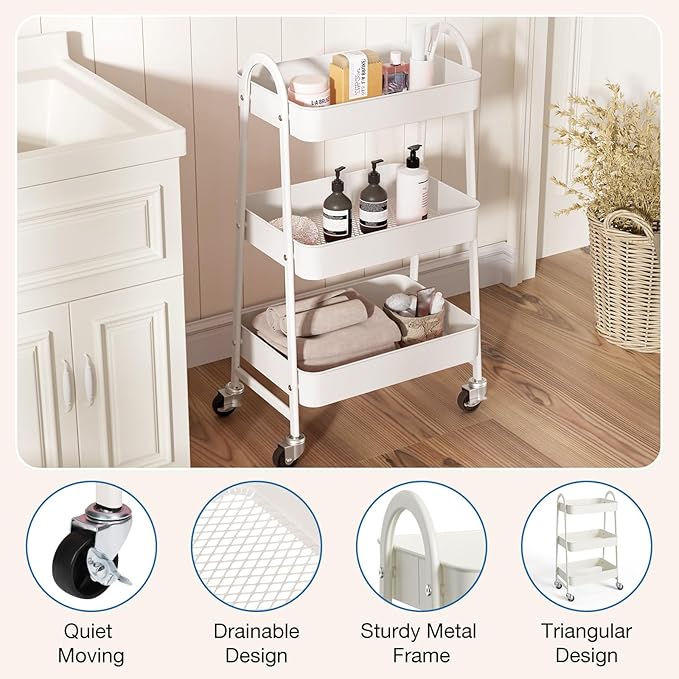 OLIXIS Metal 3 Tiers Utility Rolling Cart, Mobile Storage Shelf with Lockable Caster Wheels, Organization for Livingroom, Bathroom & Narrow Places, White