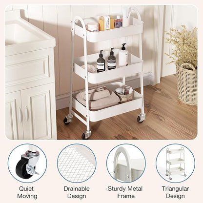 OLIXIS Metal Utility Cart, Mobile Rolling Storage Shelf with Lockable Caster Wheels, Organization for Livingroom, Bathroom & Narrow Places, 3 Tiers White