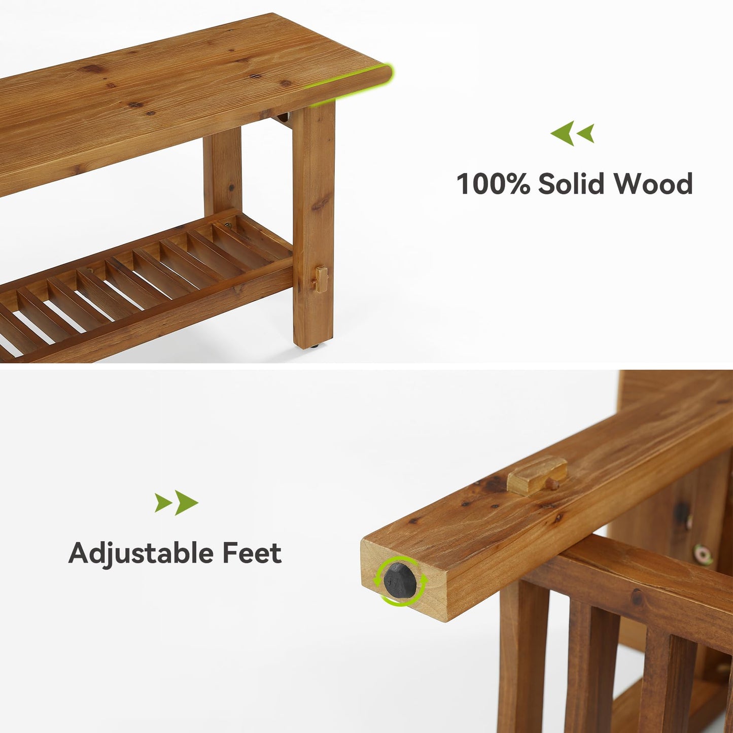LITTLE TREE Solid Wood Entryway Shoe Bench, 63" Farmhouse Narrow End of Bed Bench with Storage Rack for Bedroom, Living Room, Entry Way, Front Door, Window, Hallway, Rustic Brown