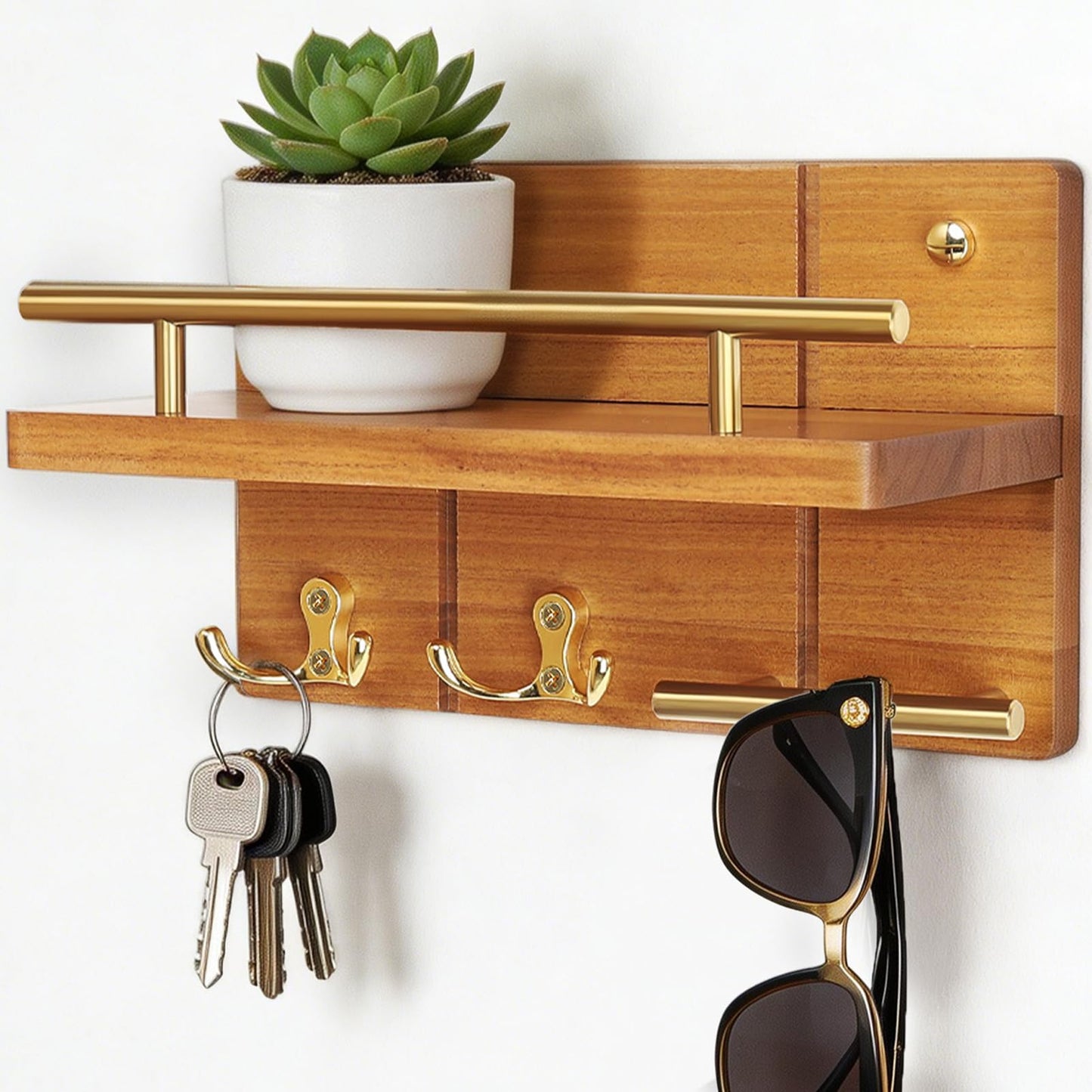 Fopeat 9.8" Teak Wood Key Hooks for Wall, Solid Wood Key Holder Wall Mount, Decorative Mail Organizer with Key Rack and Shelf, Rustic Home Decor for Entryway Living Room Bathroom Bedroom