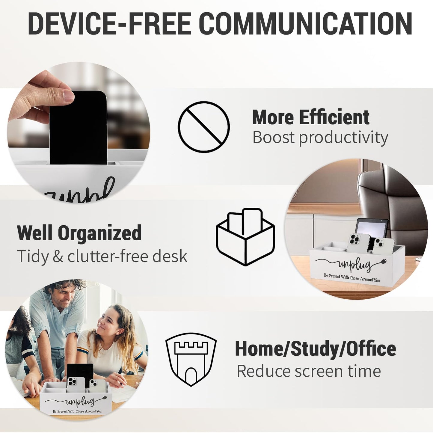 Bamboo Wood Phone Box – Unplug from Phones, Tablets, and Electronics for Study, Meetings, and Family Time, Phone Holder Organizer with Charging Holes, Farmhouse Style, Holds Up to 18 Phones-White