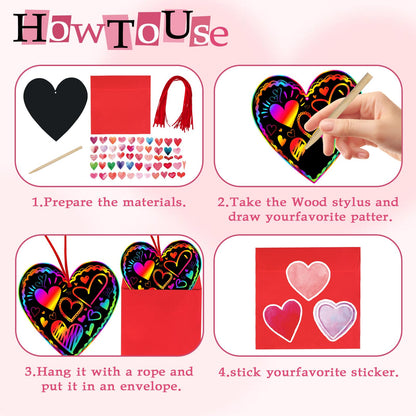 JMUQ 44Pack Valentine's Day Scratch Art Set, Heart-Shaped Rainbow Scratch Cards, Envelopes, Heart Stickers, Perfect Craft Kit for Classroom School Exchange Prizes Party Favors Creative Gifts